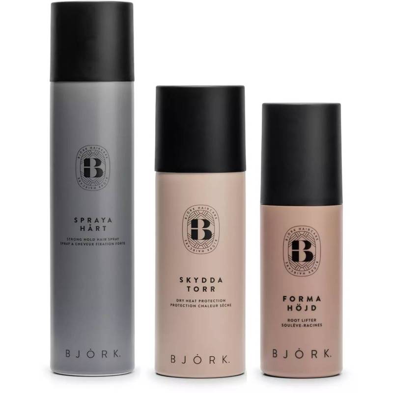 Björk Styling Bundle HÅRT Hairspray 300ml + SKYDDA TORR Heat Protection 200ml + HÖJD Root Lifter 150ml - Trio